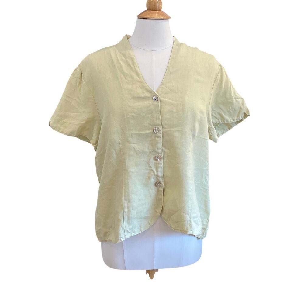 Vintage Orvis Pastel Green 100% Linen Short Sleeve Button Down Shirt, Size XL